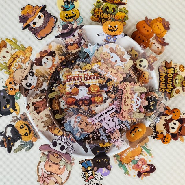 56-teiliges Set transparente PET-Aufkleber mit Halloween-Cowboy Motiven von BulingBulingStickers Store in Multicolor für DIY-Handtagebücher - Bild 1
