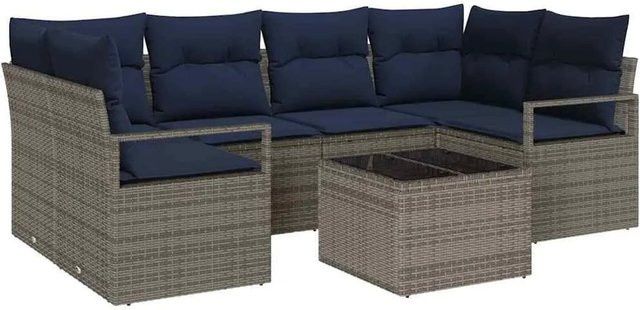 vidaXL Sofa Set aus Poly Rattan und Stahl in Grau und Blau mit 7-teiligem Set und Kissen - Bild 1
