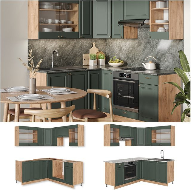 Vicco Eckküche Fame-Line Landhausstil in Eiche mit Grün und Gold, Breite: 190 cm - Bild 1
