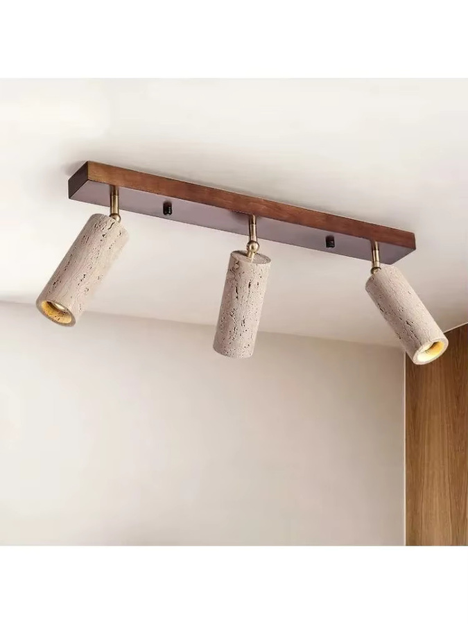 Wabi-Sabi Deckenleuchte aus gelbem Travertin im japanischen Stil mit 3-Kopf-Strahler in Beige und Gelb - Bild 3