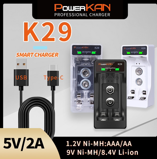 POWERKAN K29 Akkuladegerät für 9 V Ni-MH, 8,4 V Li-Ion und 1,2 V Ni-MH mit 2 Steckplätzen in Schwarz - Bild 1