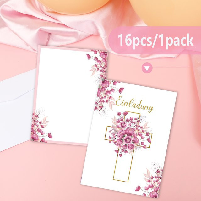 Set mit 16 rosa Einladungskarten mit Rosenkreuz-Design und Umschlägen aus Papier - Bild 1