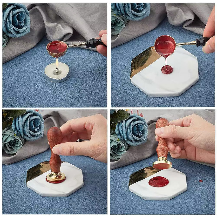 Wachssiegel-Stempelset mit abnehmbarem Messingkopf und Rosenmuster in Gold - Bild 3