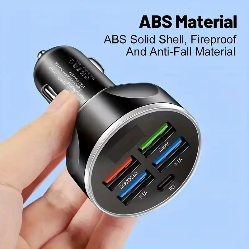 5-Port Auto-Telefonladegerät mit PD 35W und QC 3.0 Schnellladung, USB-C Adapter mit Digitalanzeige, Schwarz - Bild 5