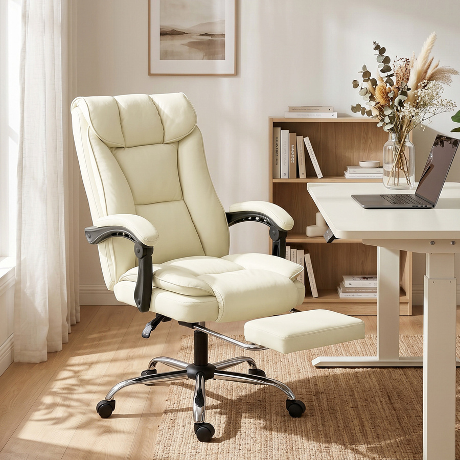 Ergonomischer HOMCOM Bürostuhl aus Kunstleder in Beige mit verstellbarer Rückenlehne und Fußstütze - Bild 2
