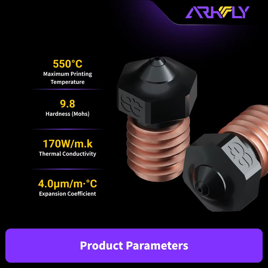 Arkfly Phaetus Siliziumkarbid Düse für V6, MK8 und Volcano Hotends mit 550 °C Temperaturbeständigkeit für alle Filamente - Bild 2