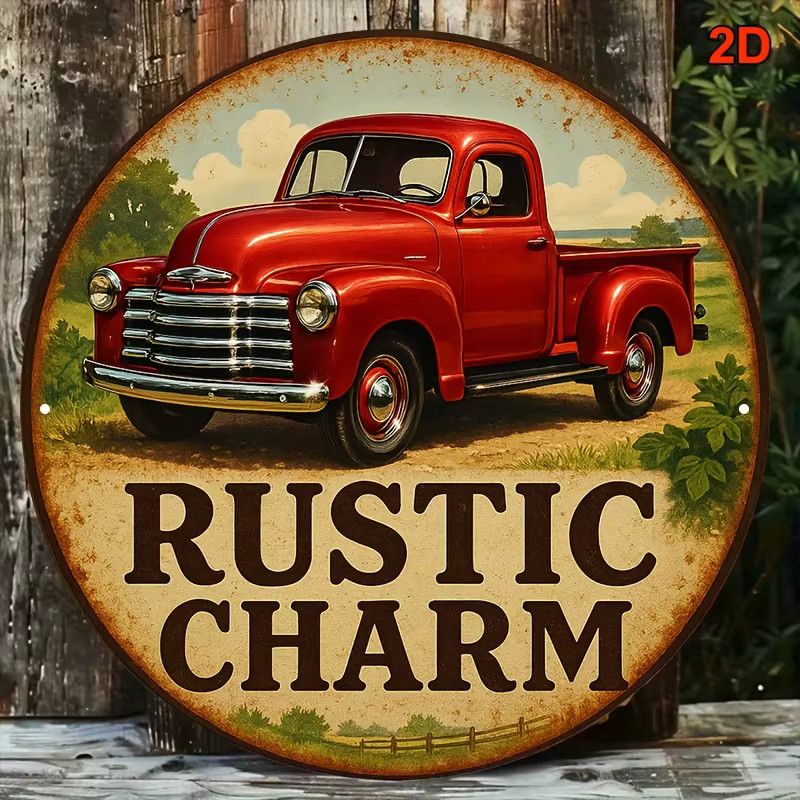 Potdemiel Rundes Aluminiumschild Vintage Red Truck in Rot, Durchmesser: 20,32 cm - Bild 2