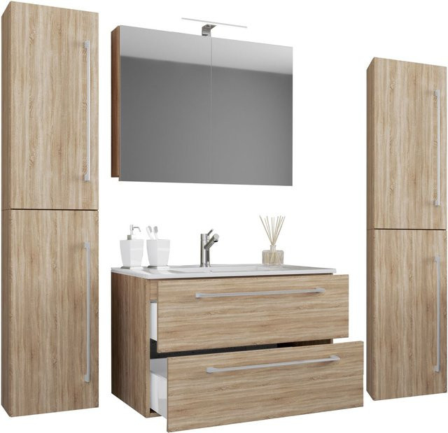 VCM Badmöbel Set Badinos 5-tlg. in Sonoma-Eiche mit Waschbecken, Spiegelschrank und Hochschränken, B/H/T: 80 x 50 x 46 cm - Bild 1