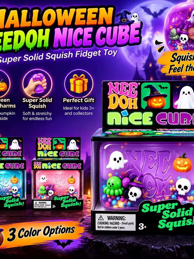NeeDoh Nice Cube Halloween Squishy Fidget Toy, Gruseliger Geist Kürbis Schädel, Sensorischer Würfel - Bild 1