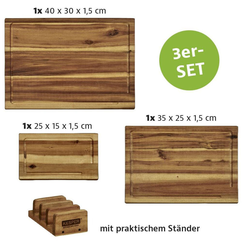 Kesper 3er Set Schneidebretter aus Holz mit Ständer in Braun, rechteckig mit Saftrinne - Bild 5