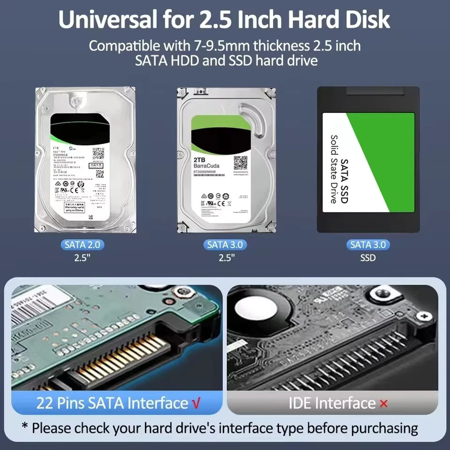 Congdi Externes 2,5-Zoll-Festplattengehäuse mit USB 3.0 und USB-C auf SATA III für SSD und HDD inklusive UASP-Unterstützung - Bild 4