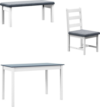 HOMCOM Esszimmergruppe aus Kiefernholz mit Esstisch, Bank und 2 gepolsterten Stühlen in Leinenoptik, Grau-Weiß, B: 108 cm, T: 65 cm, H: 75 cm
