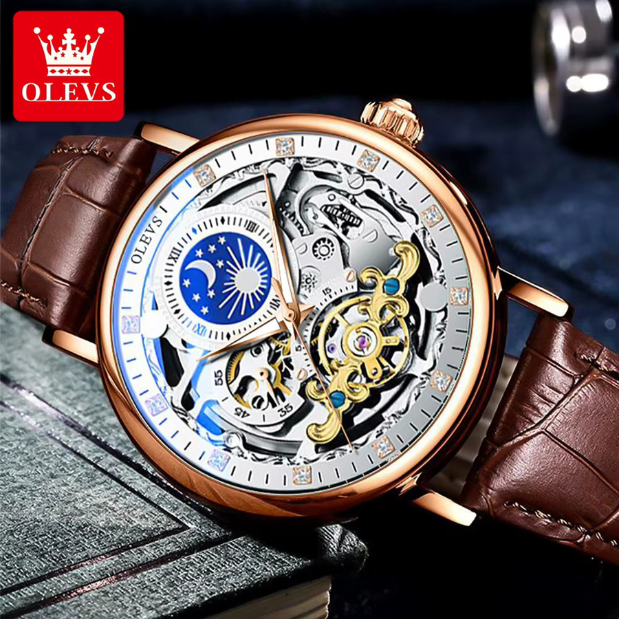 OLEVS Armbanduhr, Automatik, Mondphase, Skelett, Leder, Herren - Bild 2