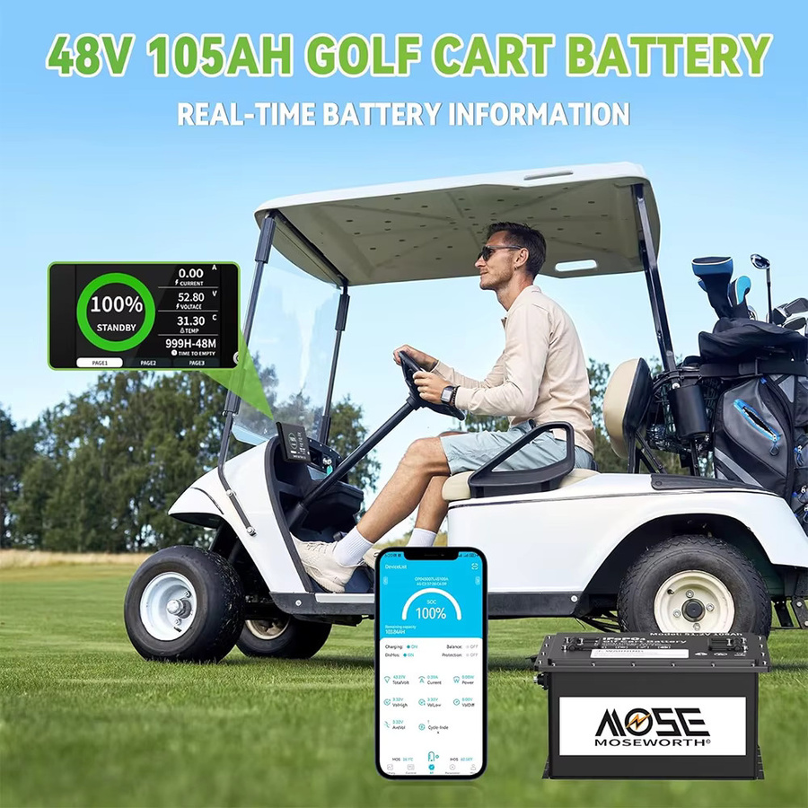MOSEWORTH 48V 105Ah Lithium-Golfwagen-Batterie mit integriertem 200A BMS, Touch-Monitor, Ladegerät und App-Unterstützung in Schwarz - Bild 2