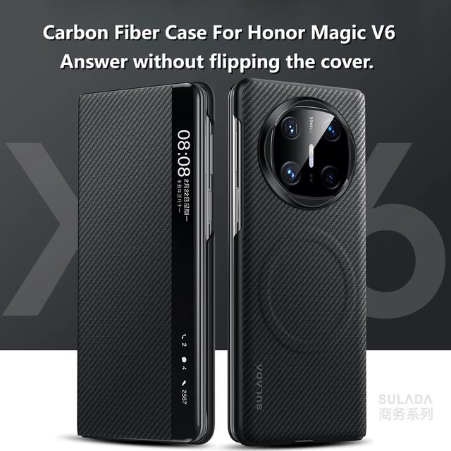 Magsafe Magnetische Handyhülle mit Kohlefaser-Textur und Smart Window Dormancy für Honor Magic V6, Huawei Mate X6, X5 und X3 in Schwarz oder Braun - Bild 1