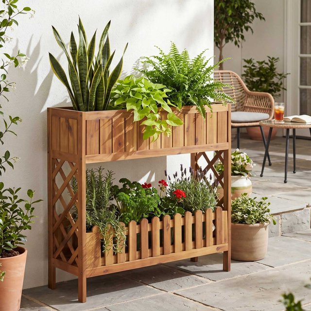 Hochbeet MCW-P83 aus Akazienholz in Braun, Blumenkasten und Pflanzregal für den Outdoor-Bereich, B/T/H: 90 x 31 x 95 cm - Bild 1