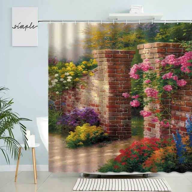 Wasserdichter Duschvorhang Gartenpark Landschaft Design mit Roter Ziegelwand und Grünen Pflanzen in Grau, B/H: 90 x 180 cm - Bild 1