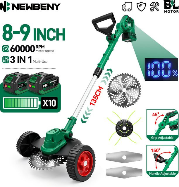 NEWBENY 3-in-1 Bürstenloser Elektrischer Rasenmäher Kabelloser Rasentrimmer in Grün für Makita LXT 21V Akku - Bild 1