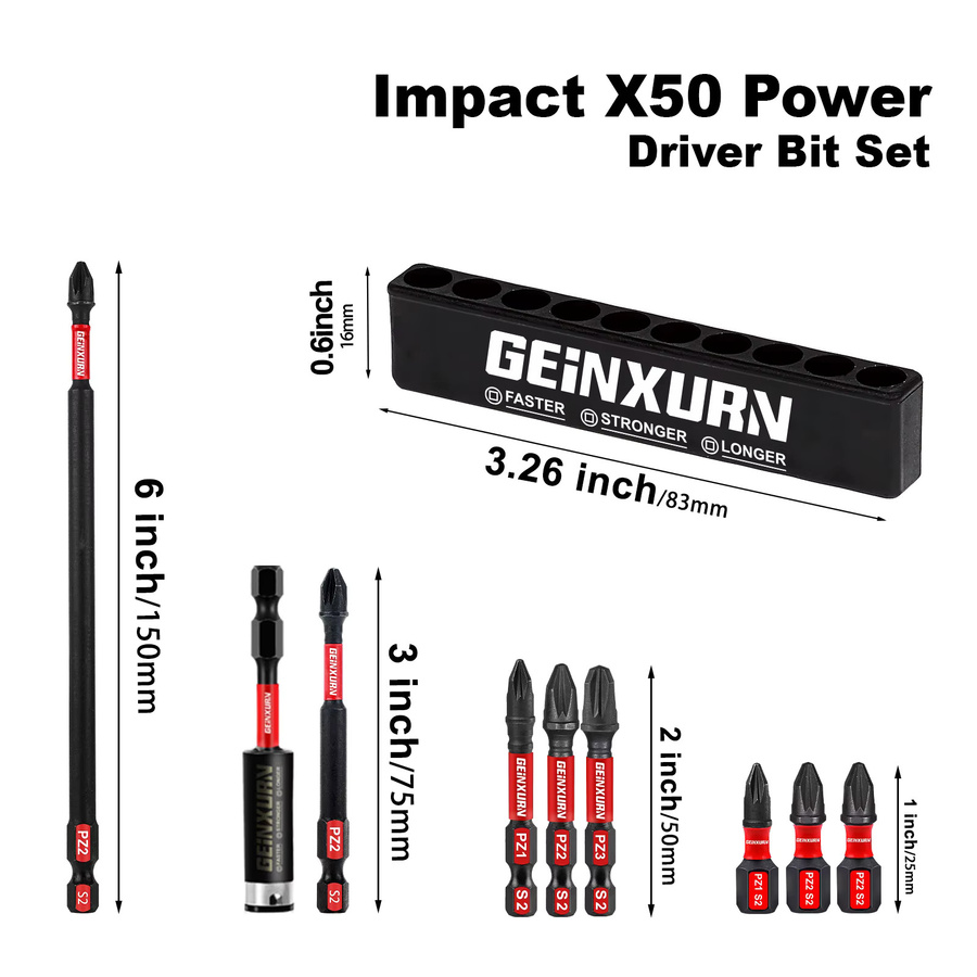 Geinxurn Pozidriv Impact Schraubendreher-Bit-Set aus S2-Stahl in Schwarz mit Aufbewahrungsorganisator (PZ1, PZ2, PZ3) - Bild 2