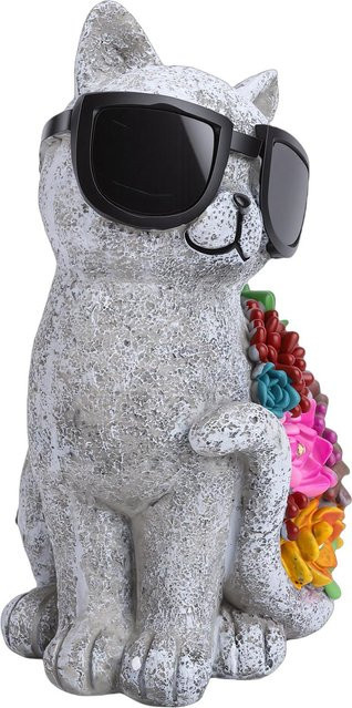 Koogeelife Solarkatzenstatue mit Brille und LED-Lichtern in Grau zur Garten- und Hofdekoration - Bild 1