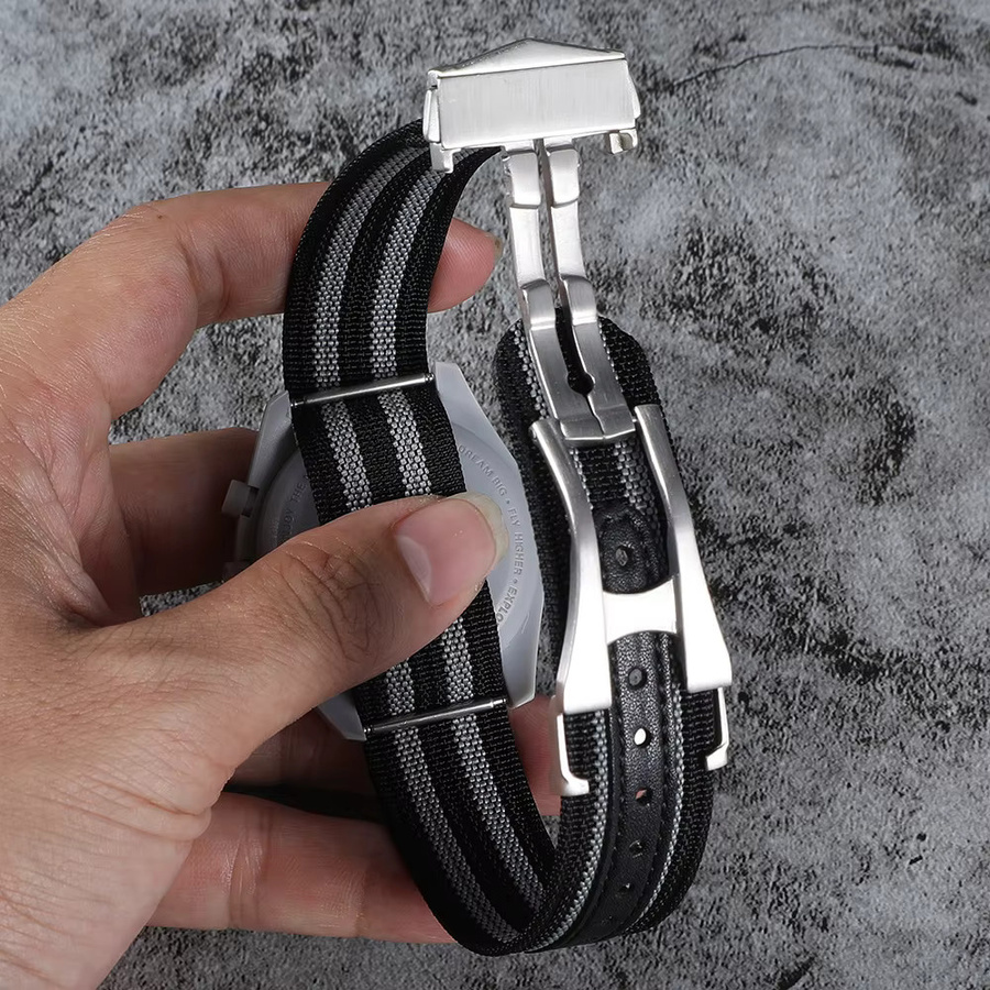 Uhrenarmband Nylon, gerippt, Faltschließe, Schwarz, Herren, 20mm 22mm - Bild 2