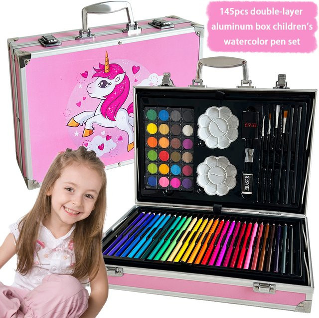 Aquarell-Stift-Set mit rosa Pferdemotiv in einer Aluminium-Box für Kinder - Bild 1