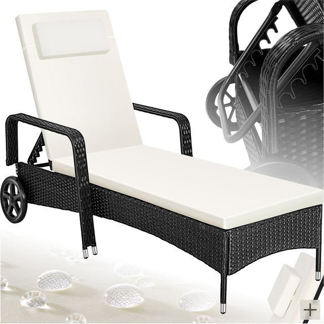 tectake Rattan Sonnenliege mit verstellbarer Rückenlehne und Kissen in Schwarz und Beige, B/T/H: 200 x 70 x 33 cm - Bild 1