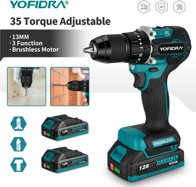 YOFIDRA Bürstenlose elektrische Schlagbohrmaschine mit 35+3 Drehmomentstufen, kompatibel mit Makita LXT Akkus, Akkubohrschrauber für Holzbearbeitung - Bild 1