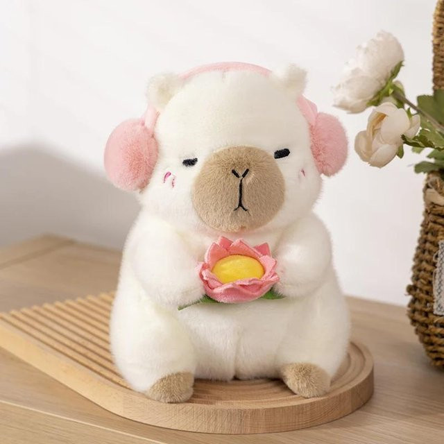 Yiran Health & Beauty Capybara Plüschtier, hält Lotusblume, Weiß, 25cm - Bild 1