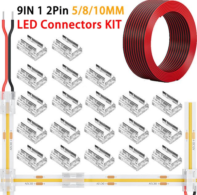 YSRSAI 20er-Pack 2-Pin COB LED-Streifenverbinder 8-in-1-Kit für 5/8/10mm PCB Lichtstreifen in L/T/X-Form, transparent - Bild 1