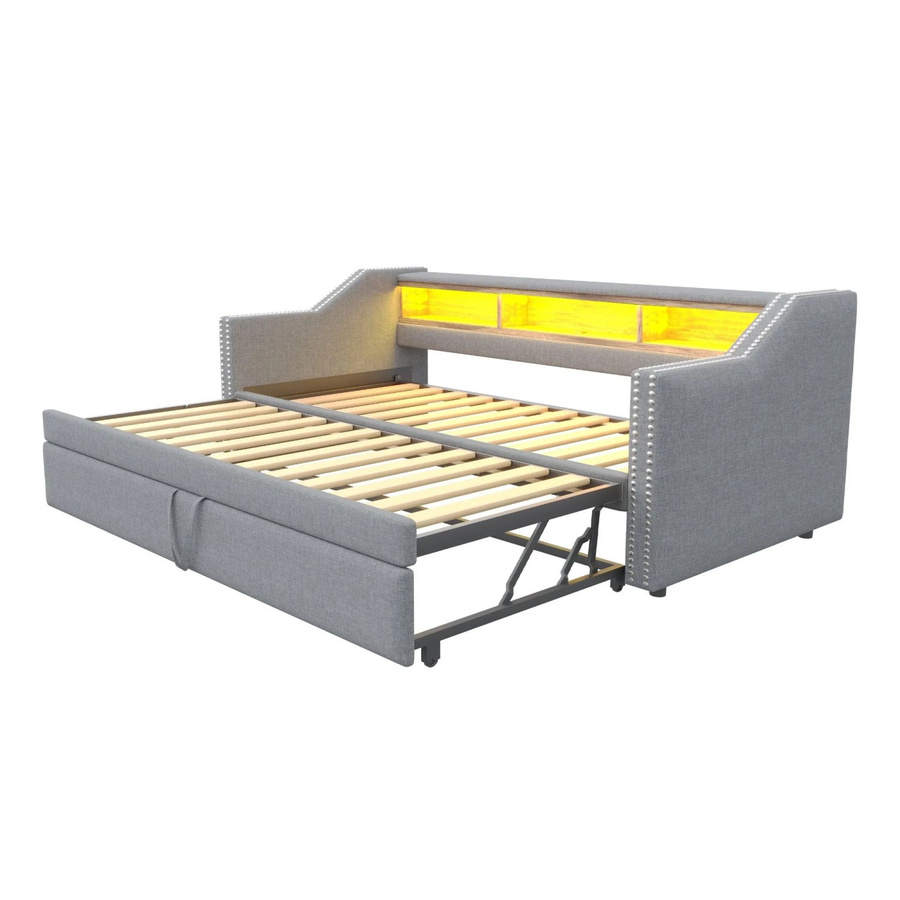 Merax Schlafsofa Hellgrau mit LED-Unterbettbeleuchtung, USB-Anschluss und Stauraum, B/T/H: 90 x 190 x 102 cm - Bild 2