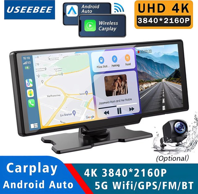 USEEBEE Dual-Lens Dashcam mit 4K Auflösung, 10,26 Zoll Display, CarPlay und Android Auto, GPS, 5G WiFi und Bluetooth, Black Box Fahrtenschreiber für LKW, Schwarz - Bild 1