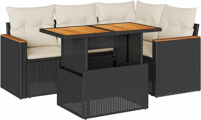 vidaXL 5-teilige Garten-Sofagarnitur in L-Form aus Polyrattan und Akazienholz mit Kissen in Schwarz-Creme - Bild 1