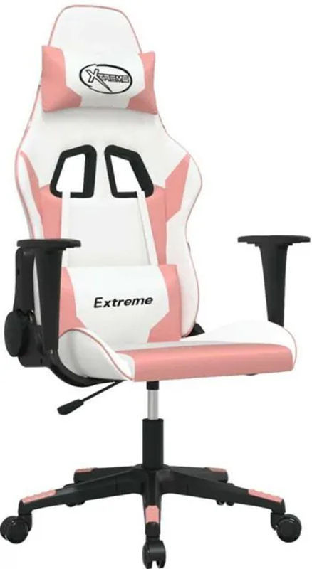 vidaxl Gamingstuhl mit Massagefunktion aus Kunstleder in Weiß und Rosa, B/T/H: 66,5 x 61 x 110 cm - Bild 1