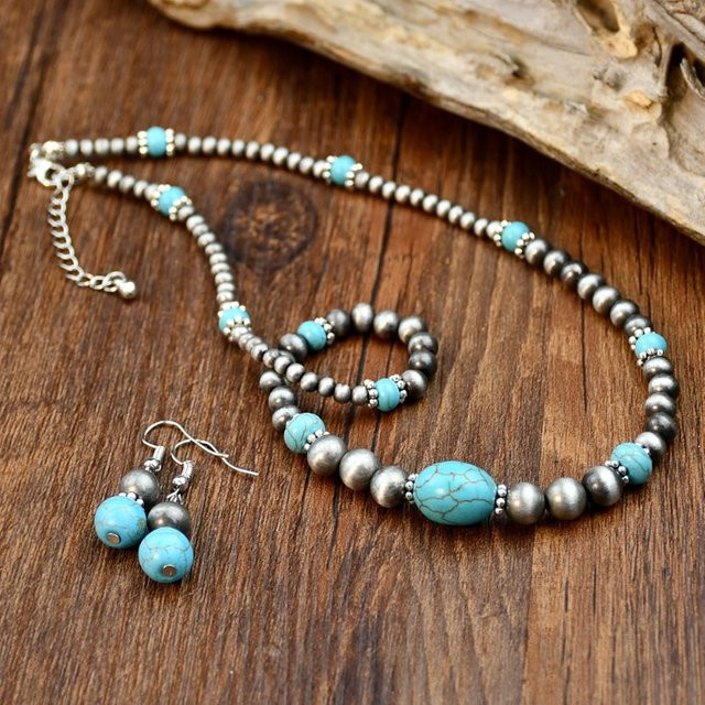 ZHIXUN Schmuck-Set, Halskette und Ohrringe, Perlen, Türkis, Damen - Bild 1