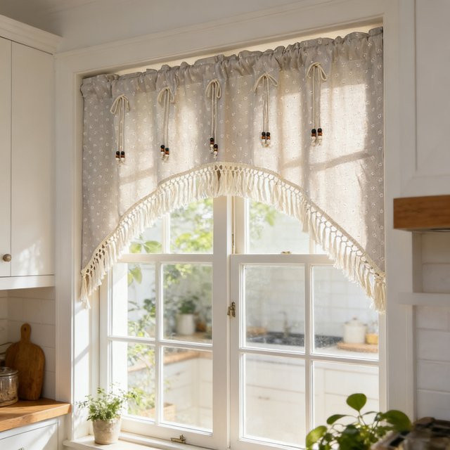 WPKIRA Boho Küchenvorhang mit Gänseblümchen-Druck und Quasten in Weiß, halbtransparenter Querbehang für Fenster und Türen - Bild 1