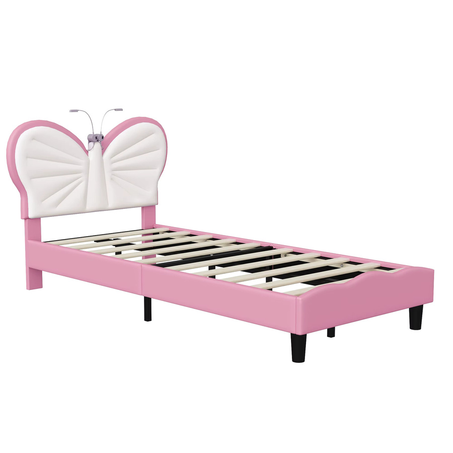 Polsterbett in Schmetterlingsform mit verstellbarem Kopfteil und integrierten Leselampen, Kinderbett mit Holzlattenrost, B/T: 90 x 200 cm, Farben: Rosa-Weiß oder Blau-Weiß - Bild 3