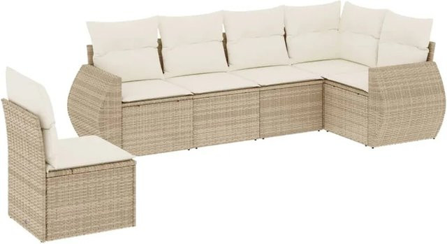 vidaXL 6-teilige Garten-Sofagarnitur in L-Form mit Kissen, Beige, Poly-Rattan und Metallgestell - Bild 1