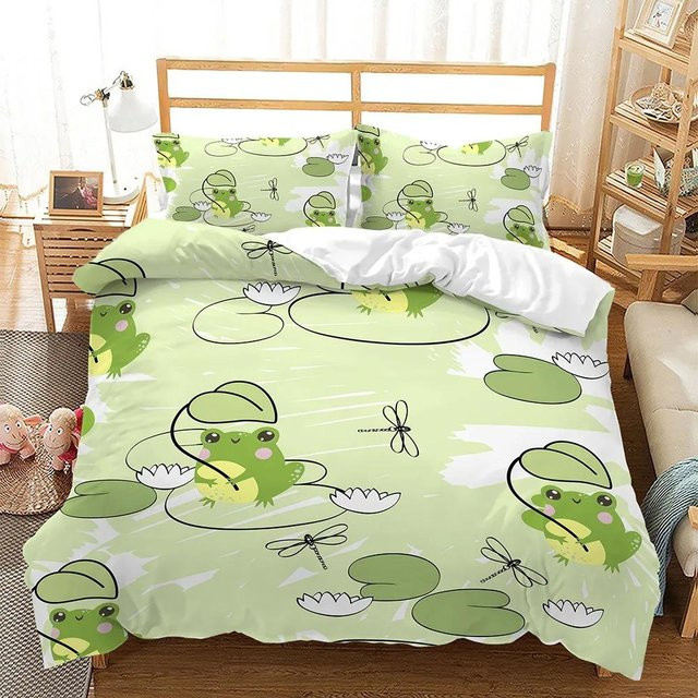 Kawaii Cartoon Frosch Bettwäscheset für Kinder mit 3D-Tierprint, Grün, B/H: 70 x 133 cm, 2-teilig - Bild 1