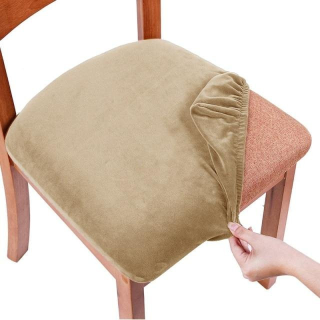 Waschbare Samt-Spandex-Sitzbezüge für gepolsterte Esszimmerstühle, elastische Kissenbezüge in Beige - Bild 1