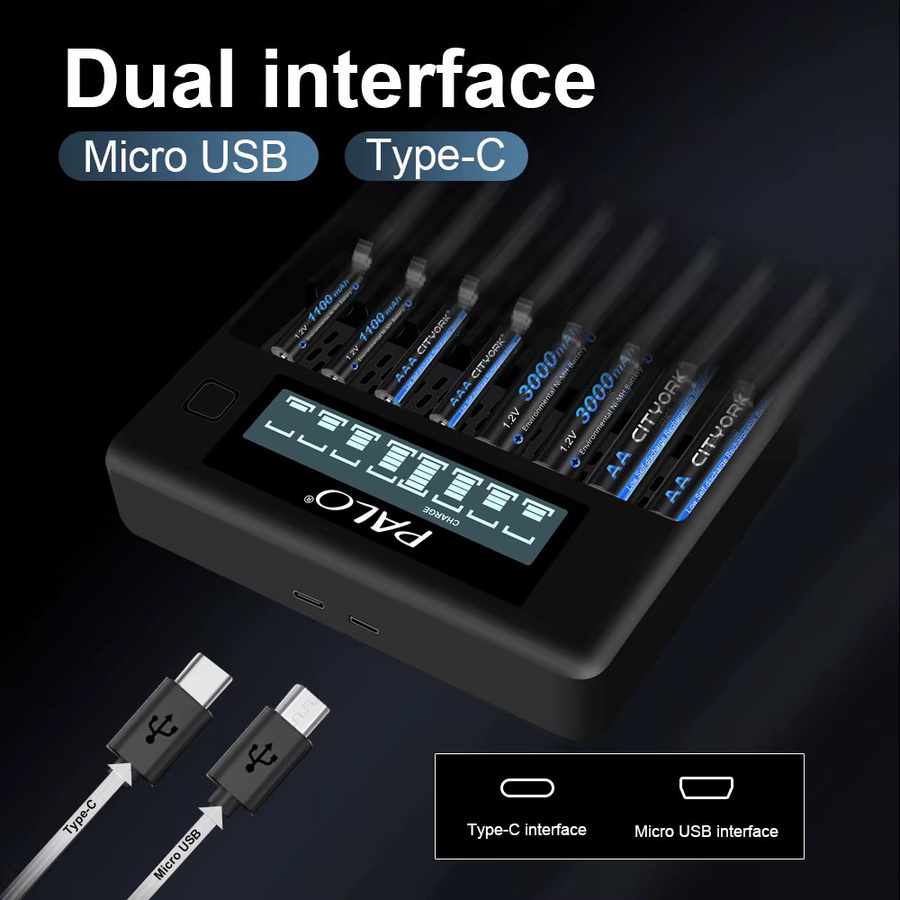 CITYORK Akku-Set mit 1,2V Ni-MH AA 3000mAh und AAA 1100mAh sowie 8-Slot-LCD-USB-Ladegerät in Schwarz - Bild 2