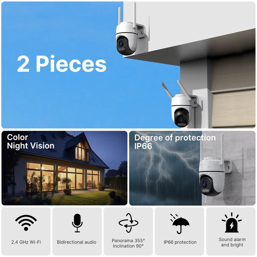 WONSDAR 2er Set PTZ WiFi Outdoor IP Kamera zur Videoüberwachung mit Bewegungserkennung und Alarm, Smart Home Sicherheit, Weiß - Bild 2