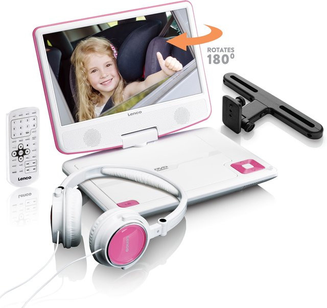 Lenco DVP-910PK tragbarer DVD- und CD-Player mit 9 Zoll LCD-Display, integriertem Akku und USB-Anschluss in Pink/Weiß - Bild 1