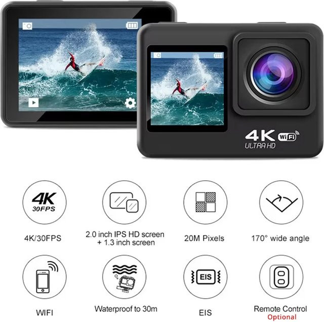 Regaton Actionkamera mit 4K 30FPS, 24MP, Doppelbildschirm, WLAN und 170 Grad Weitwinkel, wasserdicht bis 30m, Schwarz - Bild 1