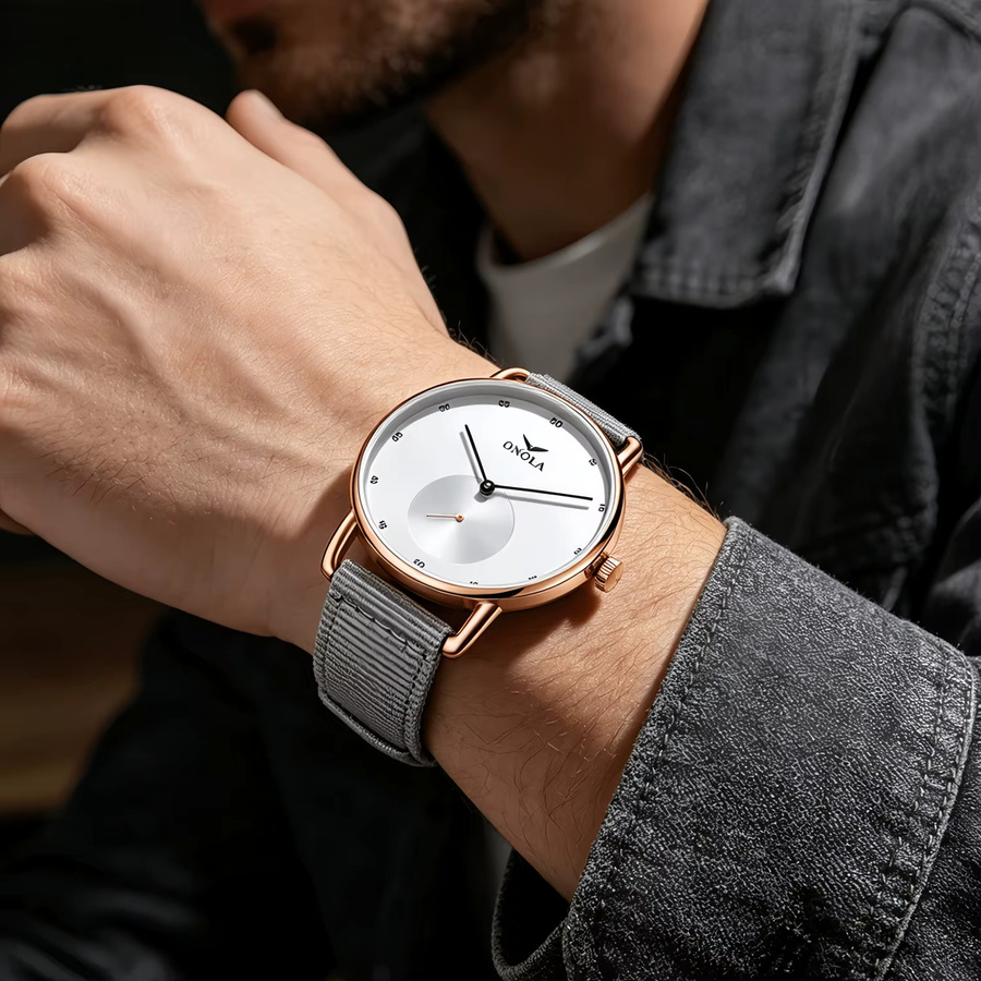 ONOLA Armbanduhr, Quarz, Leder, Edelstahl, Weiß, Herren - Bild 2