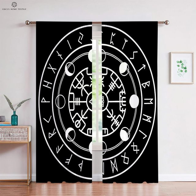 Zweiteiliges Set Vorhänge mit Wikinger Schild und Runenmuster im Retro-Stil, Schwarz, B: 50 cm, H: 130 cm - Bild 1