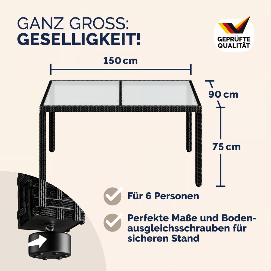 CASARIA® Polyrattan Gartentisch mit Glasplatte in Schwarz, B/T/H: 150 x 90 x 75 cm - Bild 2