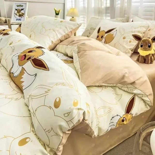 Jinchen Bettwäsche-Set Pokemon Enton und Evoli aus 100% Baumwolle, Farbe Beige, 3-teilig, B/H: 120 x 200 cm - Bild 1