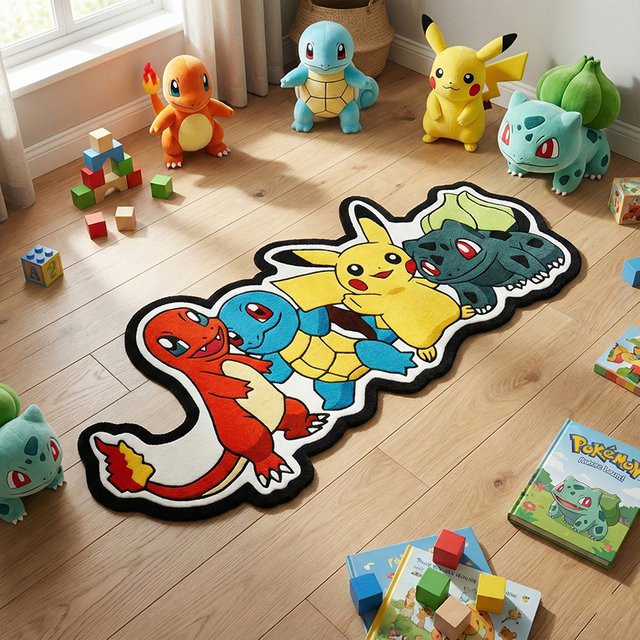 Pokémon unregelmäßiger Teppich mit Pikachu, Charmander, Squirtle oder Bulbasaur, rutschfeste dekorative Innenmatte in Multicolor für Fans und Sammler - Bild 1