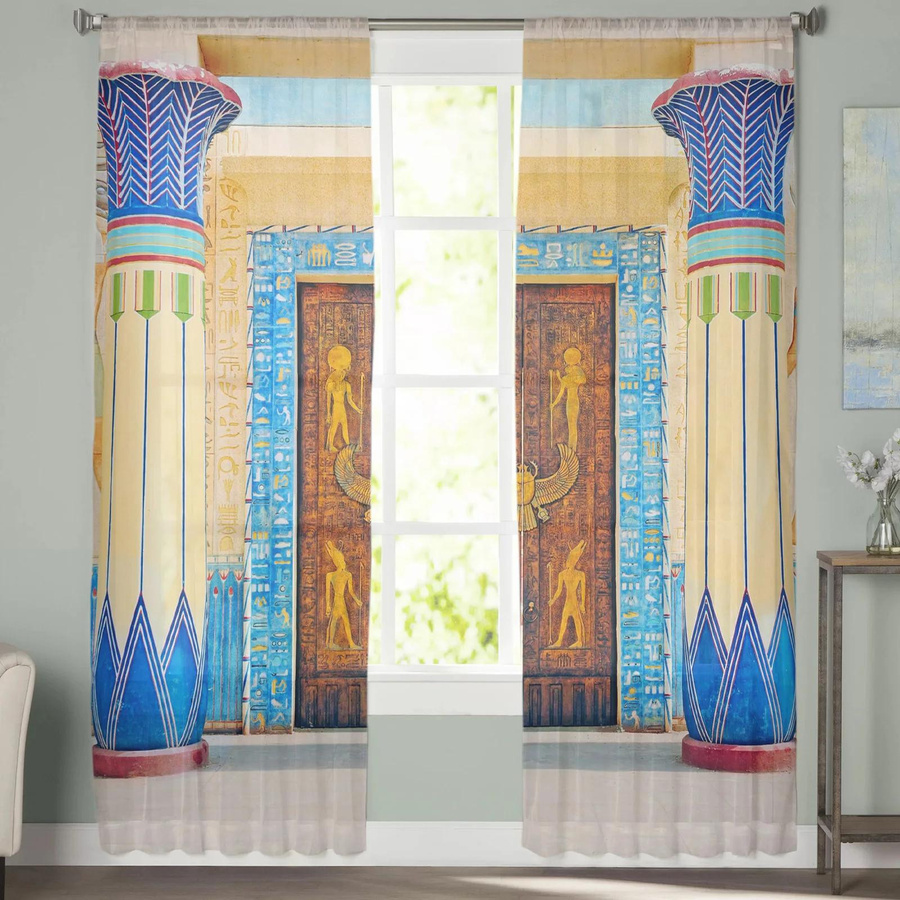 Tonnika Chen Tüllvorhang mit antikem ägyptischem Architekturmuster, transparent, lichtfilternd, Breite: 100 cm, Höhe: 130 cm, 2er-Set - Bild 1